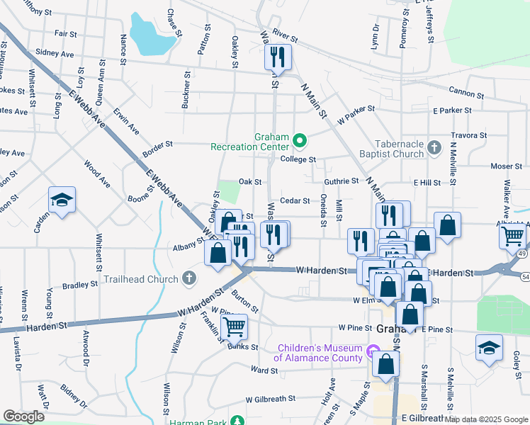 map of restaurants, bars, coffee shops, grocery stores, and more near 403 Poplar Street in Graham