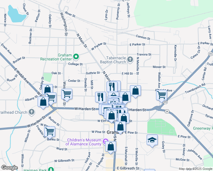 map of restaurants, bars, coffee shops, grocery stores, and more near 401 North Maple Street in Graham