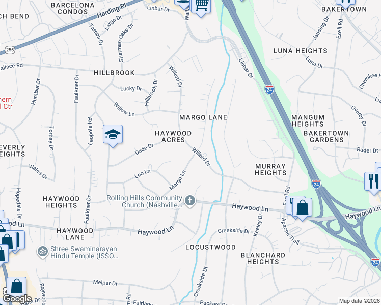 map of restaurants, bars, coffee shops, grocery stores, and more near 301 Willard Drive in Nashville