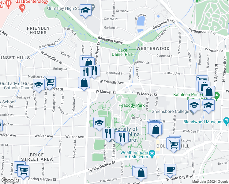 map of restaurants, bars, coffee shops, grocery stores, and more near W Market St & Aberdeen Terrace in Greensboro