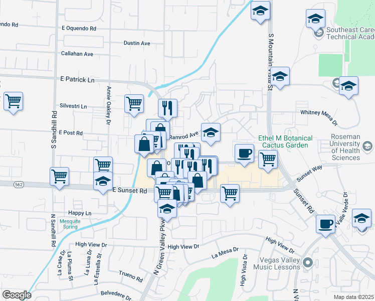 map of restaurants, bars, coffee shops, grocery stores, and more near 2190 Olympic Avenue in Henderson