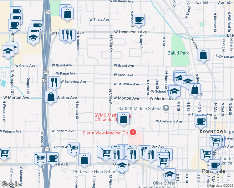 map of restaurants, bars, coffee shops, grocery stores, and more near 554 West Morton Avenue in Porterville