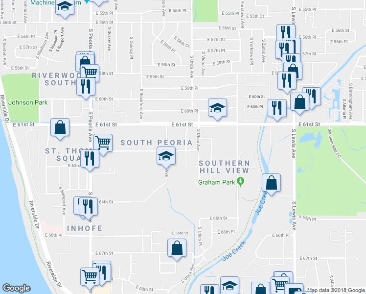 map of restaurants, bars, coffee shops, grocery stores, and more near 6146 South Troost Avenue in Tulsa