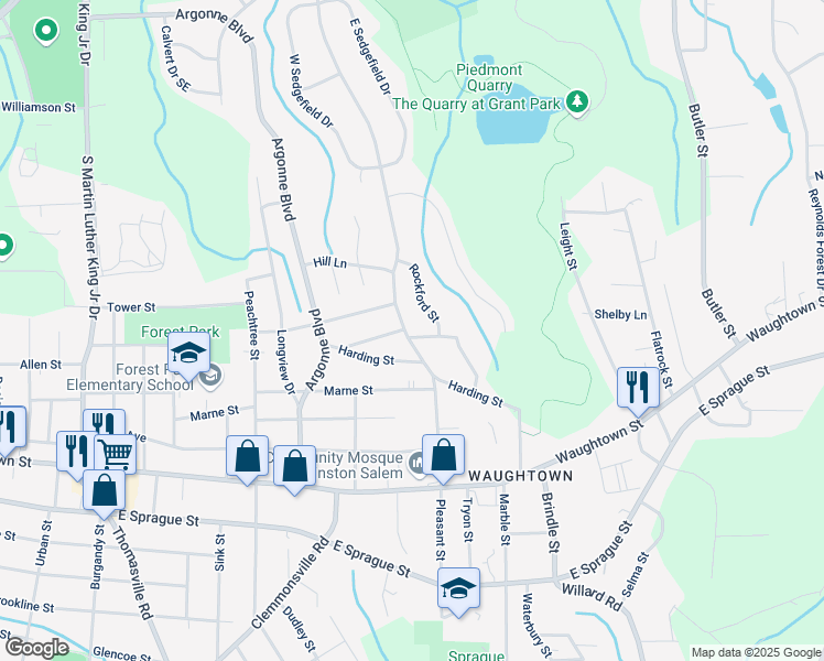 map of restaurants, bars, coffee shops, grocery stores, and more near 1726 Pleasant Street in Winston-Salem