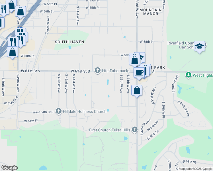 map of restaurants, bars, coffee shops, grocery stores, and more near 3702 West 63rd Street South in Tulsa