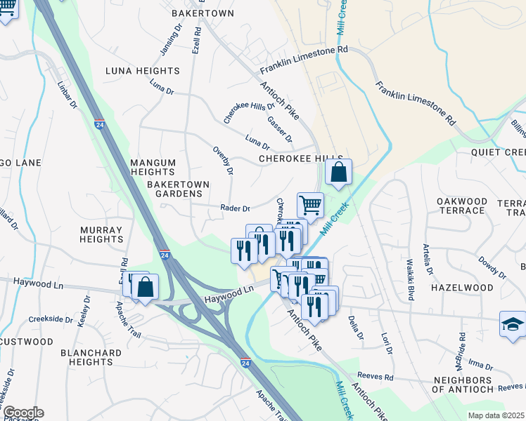 map of restaurants, bars, coffee shops, grocery stores, and more near 127 Rader Drive in Nashville