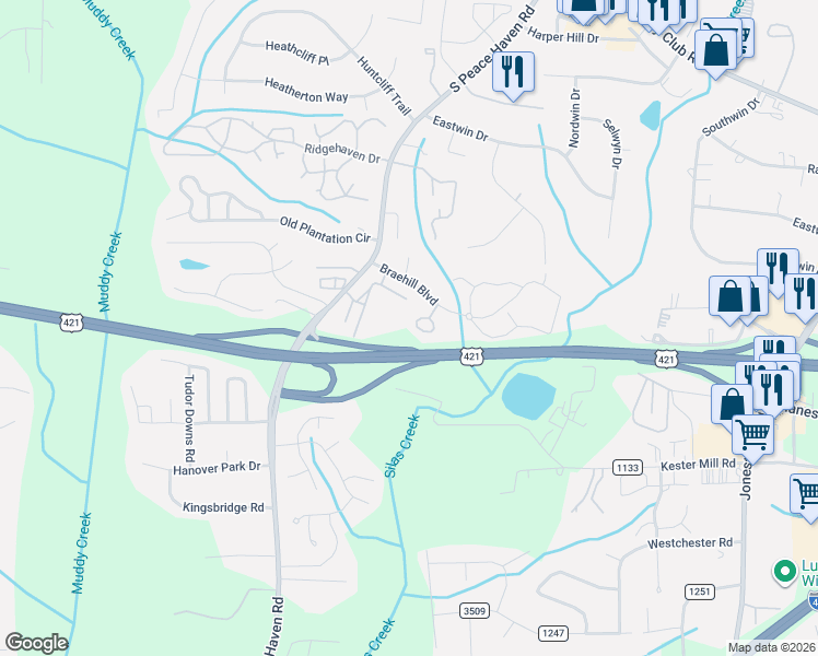 map of restaurants, bars, coffee shops, grocery stores, and more near 338 Meadows Cir in Winston-Salem