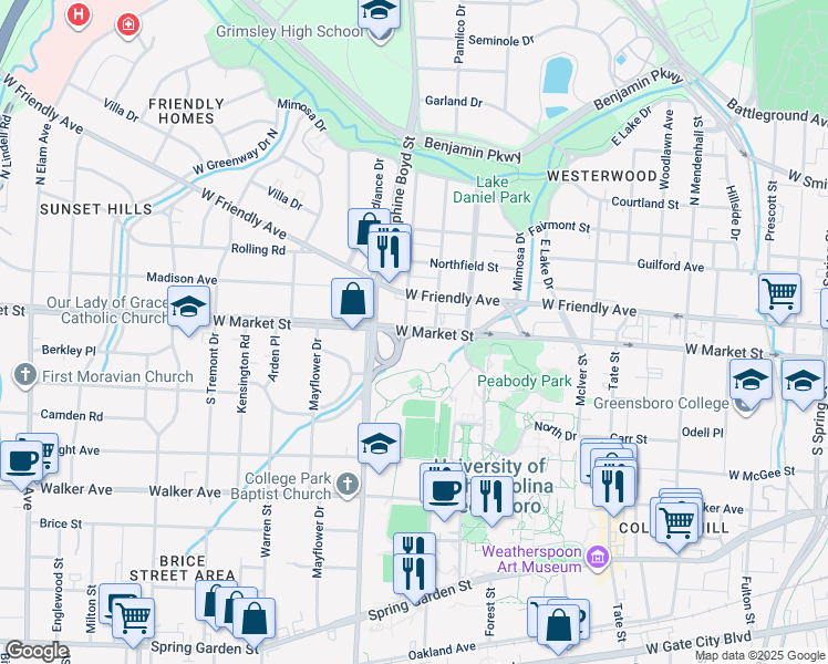 map of restaurants, bars, coffee shops, grocery stores, and more near 1601 West Market Street in Greensboro