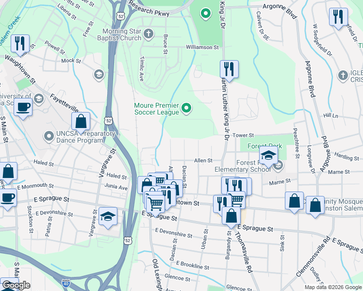 map of restaurants, bars, coffee shops, grocery stores, and more near 1920 Dacian Street in Winston-Salem