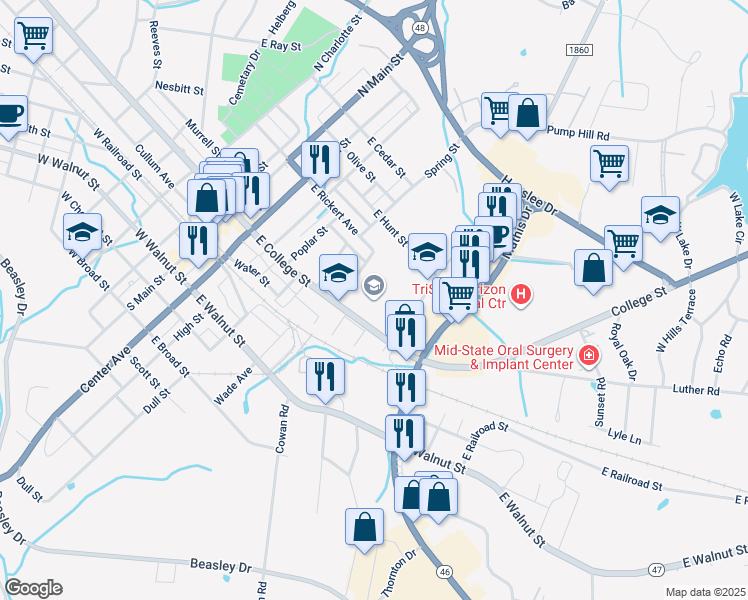 map of restaurants, bars, coffee shops, grocery stores, and more near 401 East College Street in Dickson