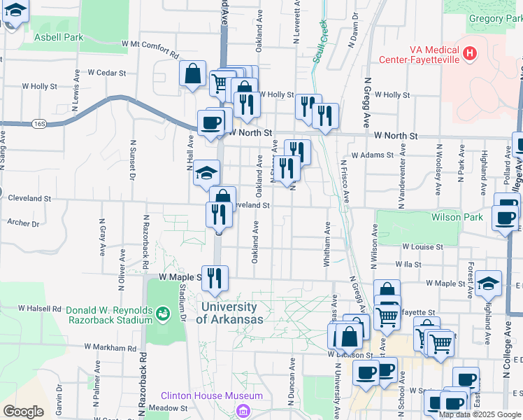map of restaurants, bars, coffee shops, grocery stores, and more near 901 Cleveland Street in Fayetteville