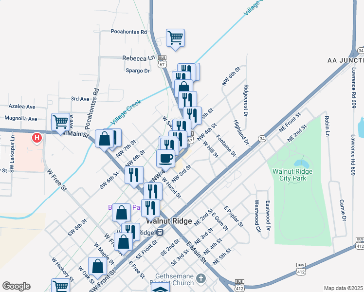 map of restaurants, bars, coffee shops, grocery stores, and more near 498 West Poplar Street in Walnut Ridge