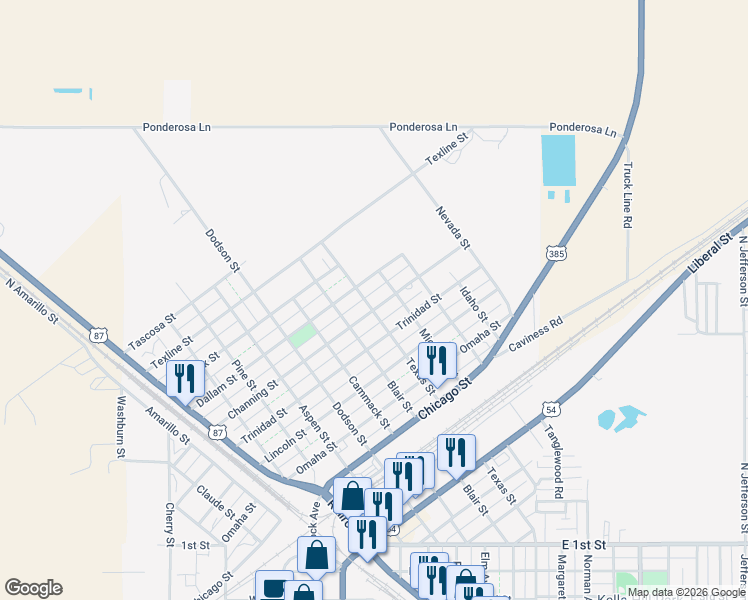 map of restaurants, bars, coffee shops, grocery stores, and more near 1303 Channing Street in Dalhart