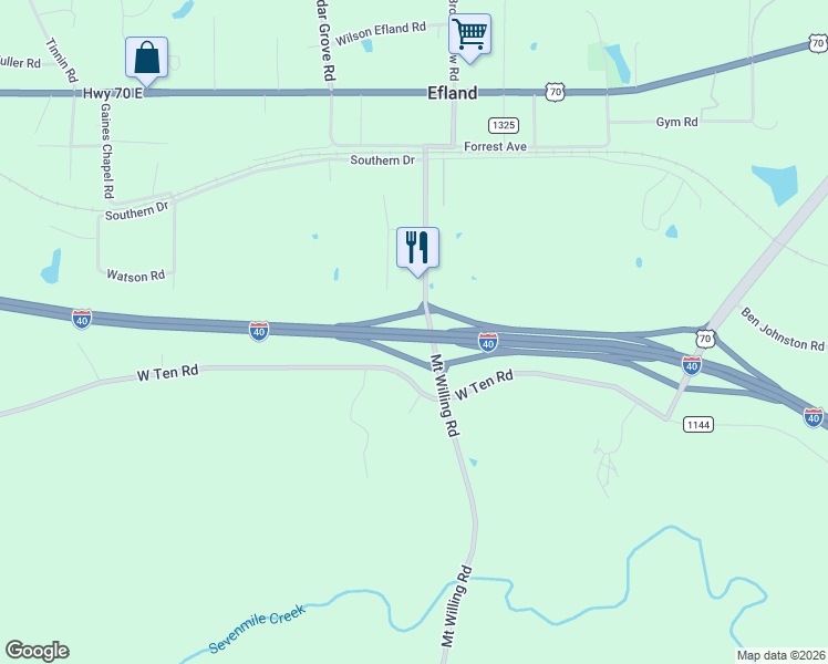 map of restaurants, bars, coffee shops, grocery stores, and more near Interstate 40 in Efland