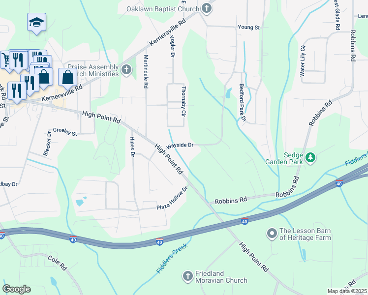 map of restaurants, bars, coffee shops, grocery stores, and more near 144 Wayside Drive in Winston-Salem