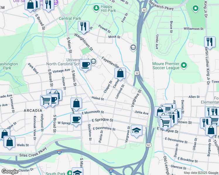 map of restaurants, bars, coffee shops, grocery stores, and more near 1833 Chapel Street in Winston-Salem