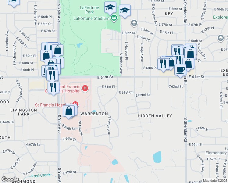 map of restaurants, bars, coffee shops, grocery stores, and more near 6166 South Hudson Avenue in Tulsa