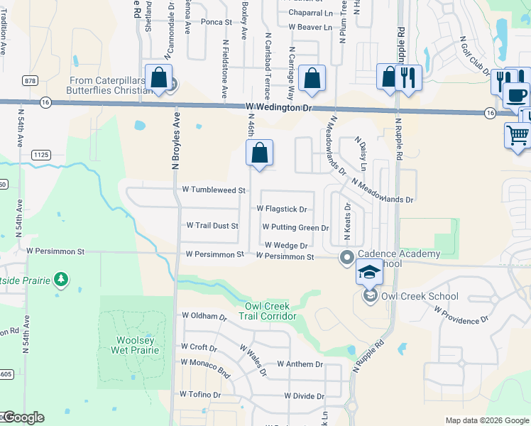 map of restaurants, bars, coffee shops, grocery stores, and more near 4545 West Flagstick Drive in Fayetteville