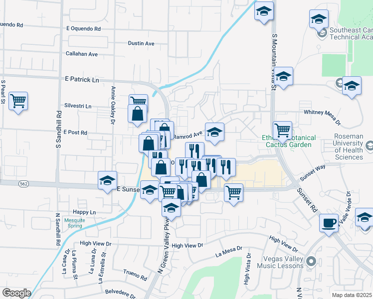 map of restaurants, bars, coffee shops, grocery stores, and more near 2190 Olympic Avenue in Henderson