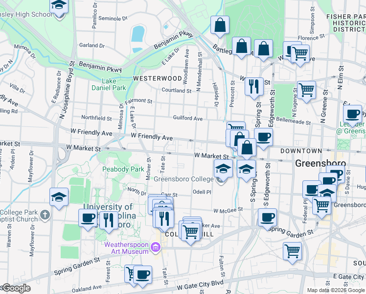 map of restaurants, bars, coffee shops, grocery stores, and more near in Greensboro