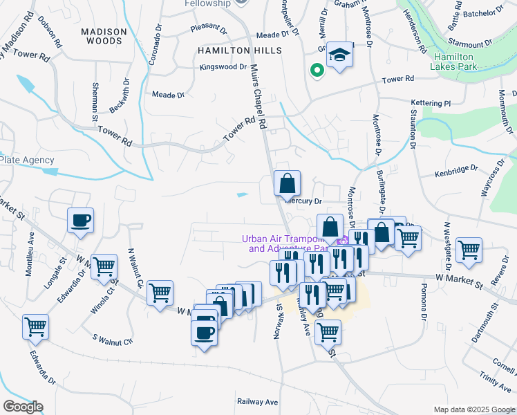 map of restaurants, bars, coffee shops, grocery stores, and more near 303 Muirs Chapel Road in Greensboro