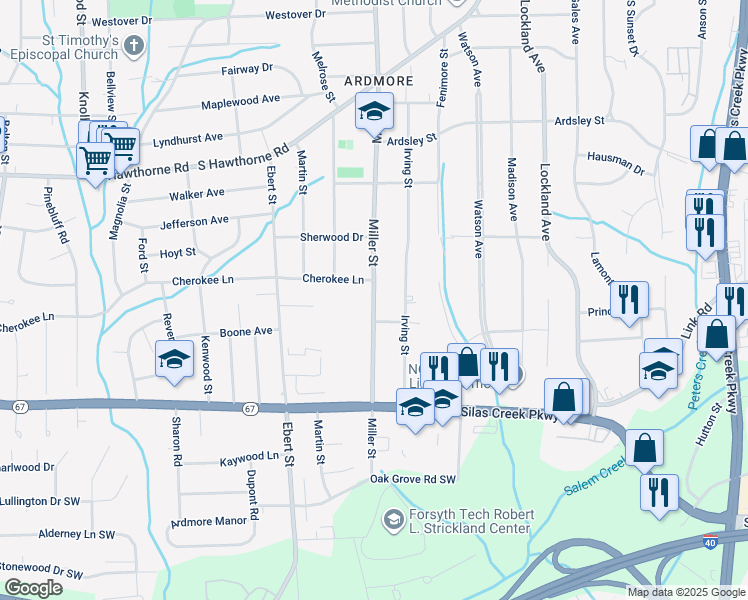map of restaurants, bars, coffee shops, grocery stores, and more near 1316 Miller Street in Winston-Salem