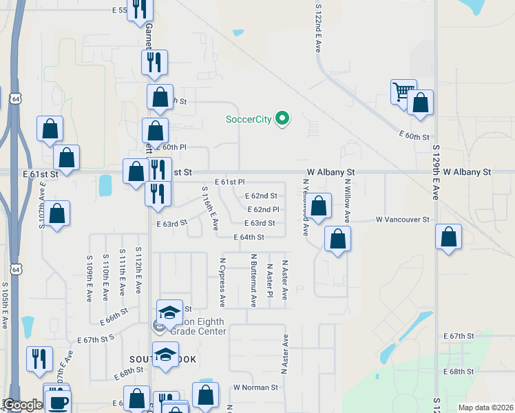 map of restaurants, bars, coffee shops, grocery stores, and more near 11830 East 62nd Place in Broken Arrow