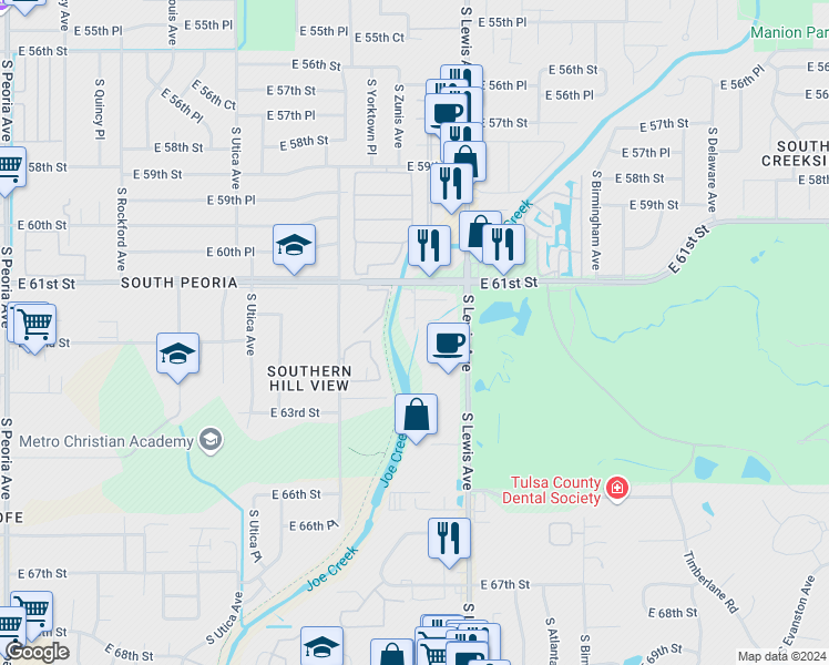 map of restaurants, bars, coffee shops, grocery stores, and more near 6144 South Lewis Avenue in Tulsa