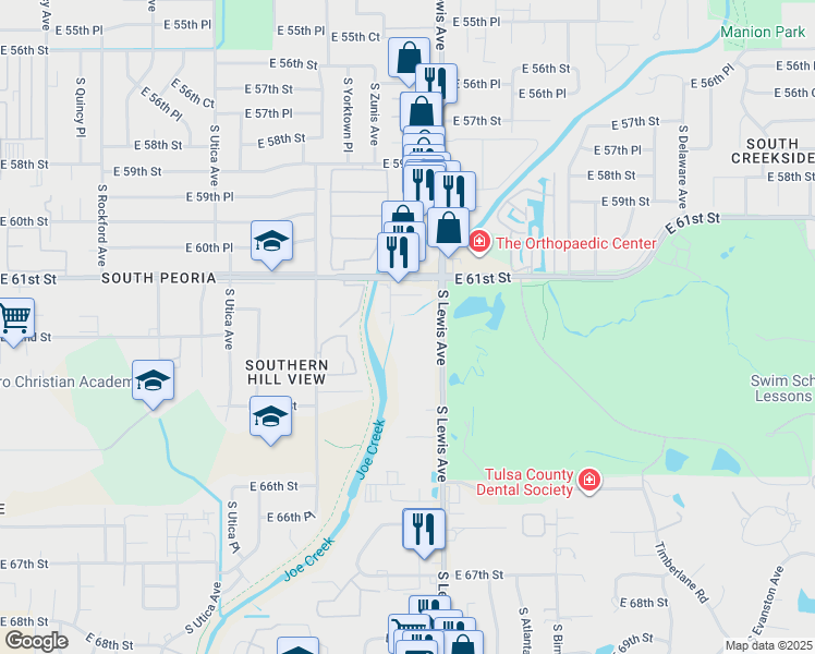 map of restaurants, bars, coffee shops, grocery stores, and more near 6144 S Lewis Ave in Tulsa