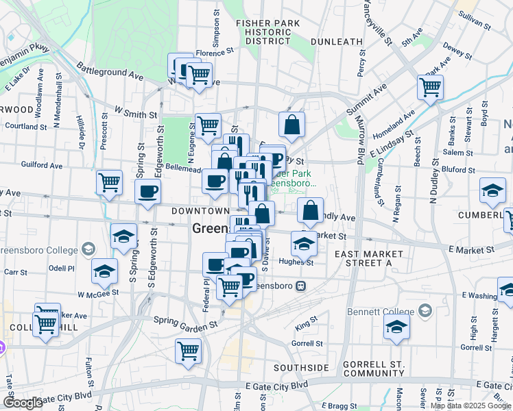 map of restaurants, bars, coffee shops, grocery stores, and more near 206 North Elm Street in Greensboro
