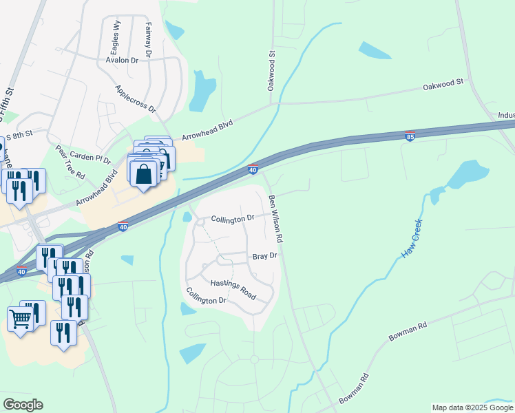 map of restaurants, bars, coffee shops, grocery stores, and more near 214 North Norwood Court in Mebane