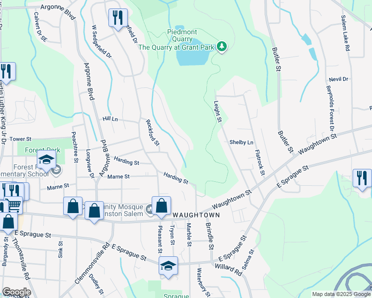 map of restaurants, bars, coffee shops, grocery stores, and more near 1660 Marble Street in Winston-Salem