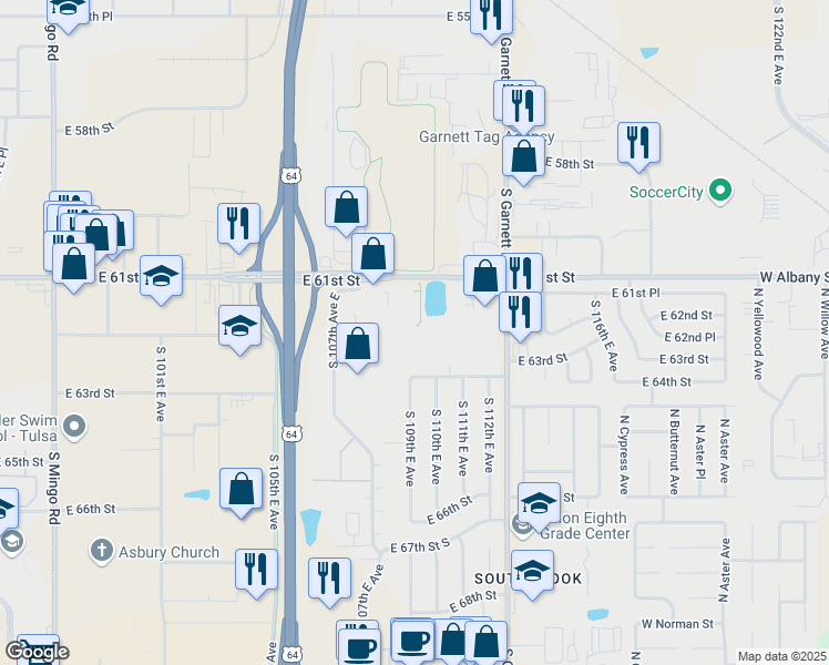 map of restaurants, bars, coffee shops, grocery stores, and more near 10944 East 61st Street in Tulsa