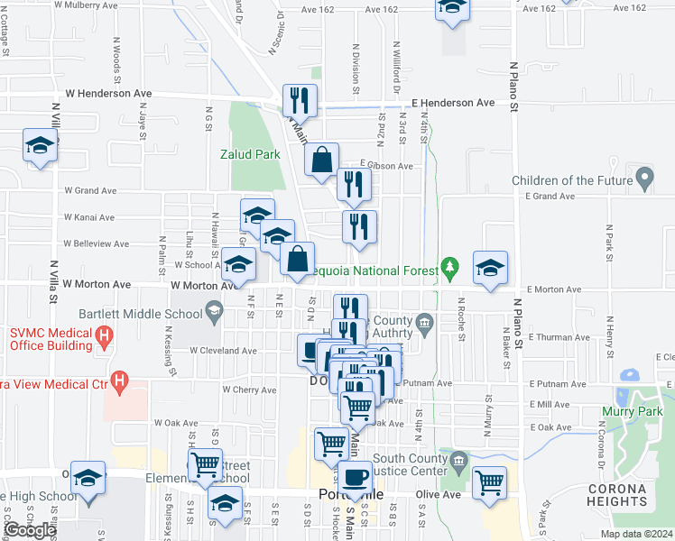 map of restaurants, bars, coffee shops, grocery stores, and more near 33 West School Avenue in Porterville