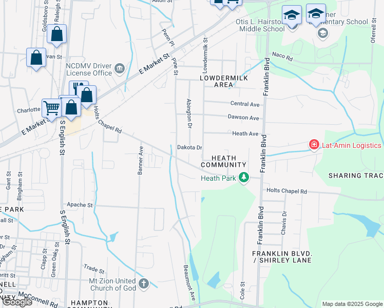 map of restaurants, bars, coffee shops, grocery stores, and more near 3600 Dakota Drive in Greensboro