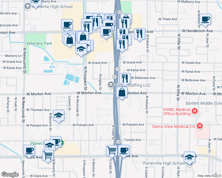 map of restaurants, bars, coffee shops, grocery stores, and more near 1034 West Morton Avenue in Porterville