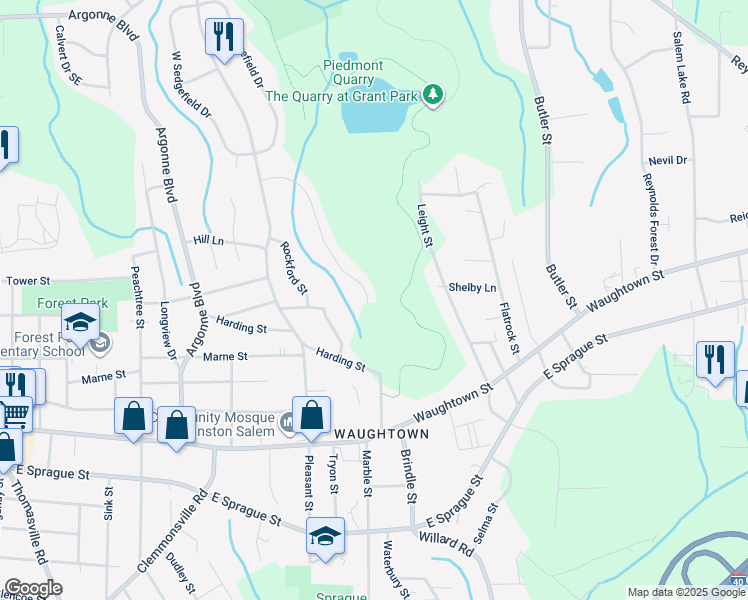 map of restaurants, bars, coffee shops, grocery stores, and more near 1663 Marble Street in Winston-Salem