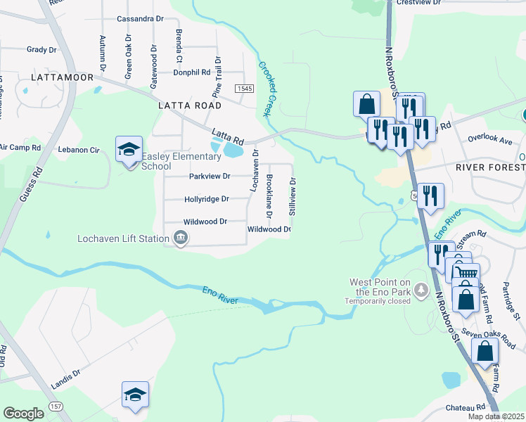 map of restaurants, bars, coffee shops, grocery stores, and more near 4621 Brooklane Drive in Durham