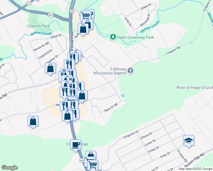 map of restaurants, bars, coffee shops, grocery stores, and more near 4122 Climbing Ivy Way in Knoxville