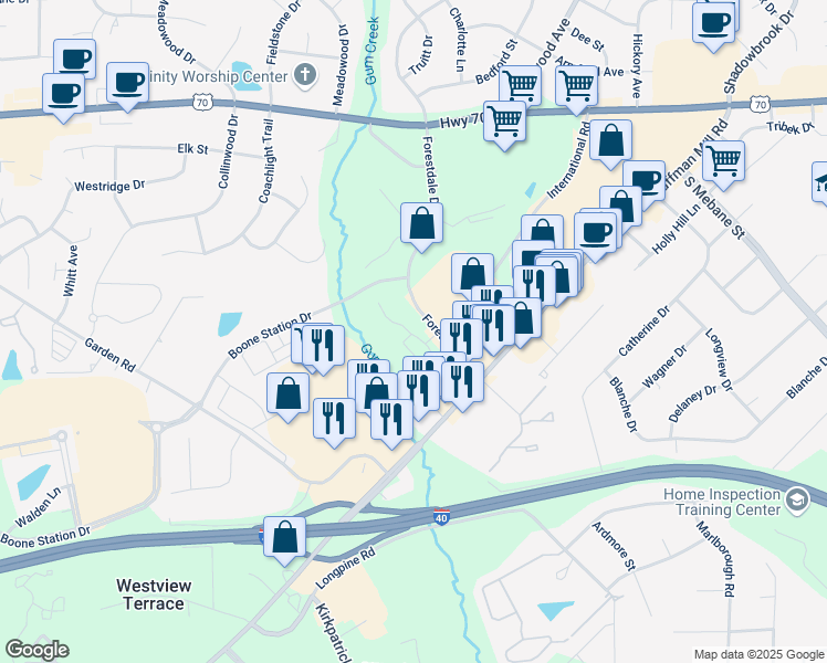 map of restaurants, bars, coffee shops, grocery stores, and more near 3551 Forestdale Drive in Burlington