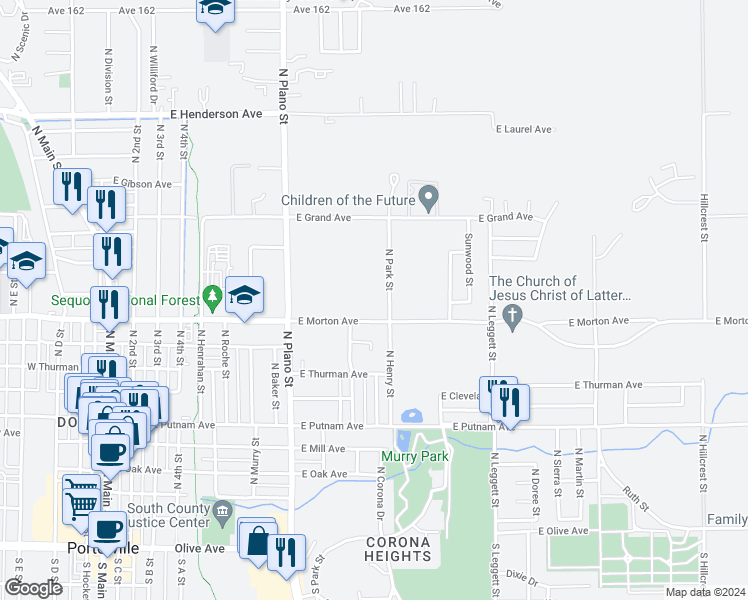 map of restaurants, bars, coffee shops, grocery stores, and more near 439 North Park Street in Porterville