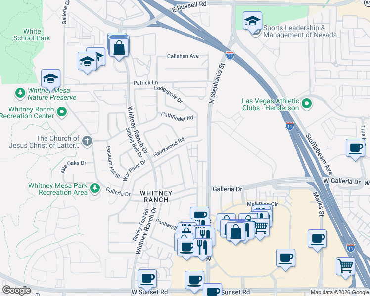 map of restaurants, bars, coffee shops, grocery stores, and more near 855 North Stephanie Street in Henderson