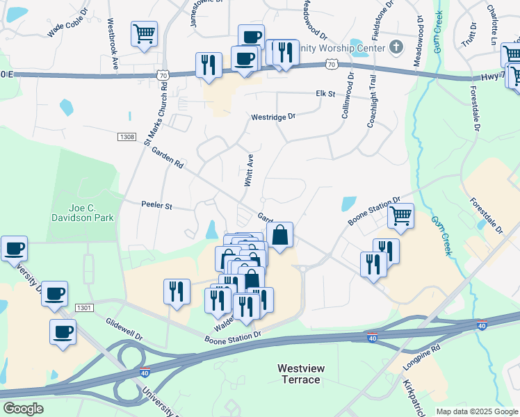 map of restaurants, bars, coffee shops, grocery stores, and more near 3431 Garden Road in Burlington