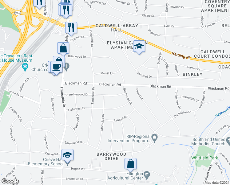 map of restaurants, bars, coffee shops, grocery stores, and more near 308 Bramblewood Drive in Nashville