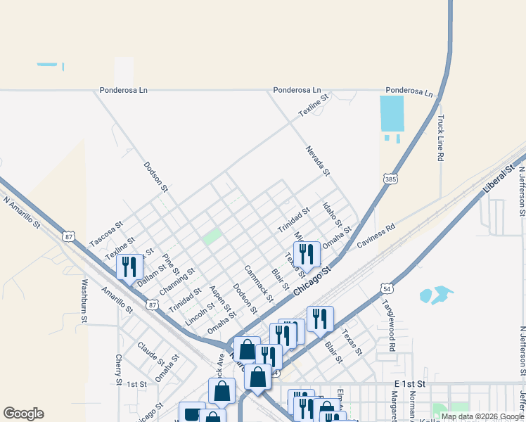 map of restaurants, bars, coffee shops, grocery stores, and more near 1303 Channing Street in Dalhart