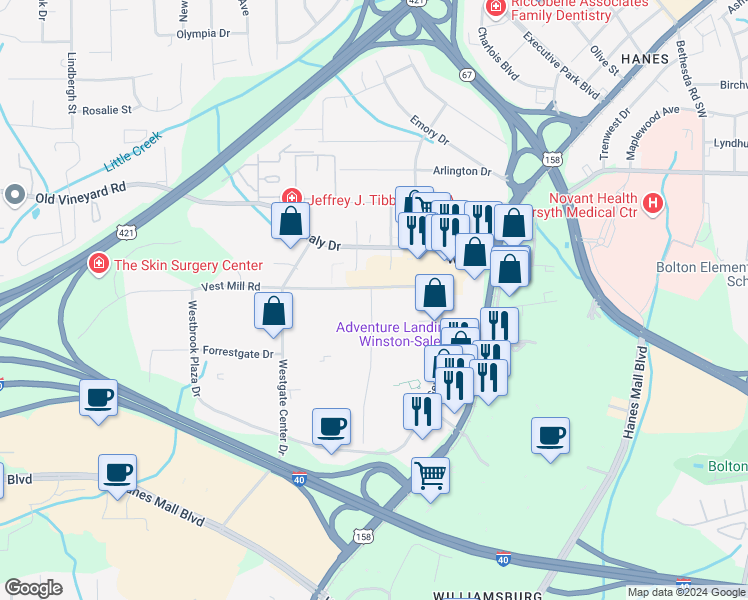 map of restaurants, bars, coffee shops, grocery stores, and more near 3676 Vest Mill Road in Winston-Salem