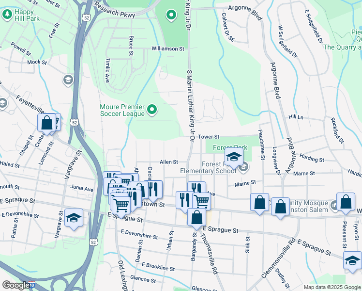 map of restaurants, bars, coffee shops, grocery stores, and more near Dew Avenue in Winston-Salem