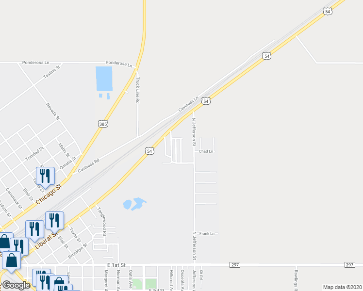 map of restaurants, bars, coffee shops, grocery stores, and more near 1202 Liberal Street in Dalhart