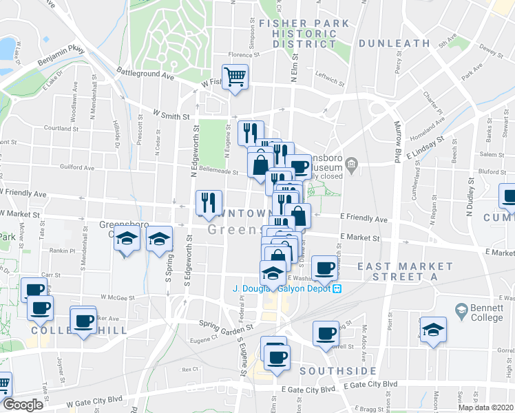 map of restaurants, bars, coffee shops, grocery stores, and more near 204 West Friendly Avenue in Greensboro