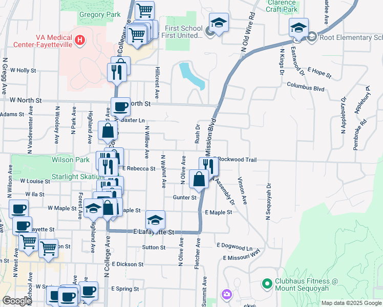 map of restaurants, bars, coffee shops, grocery stores, and more near 523 East Prospect Street in Fayetteville